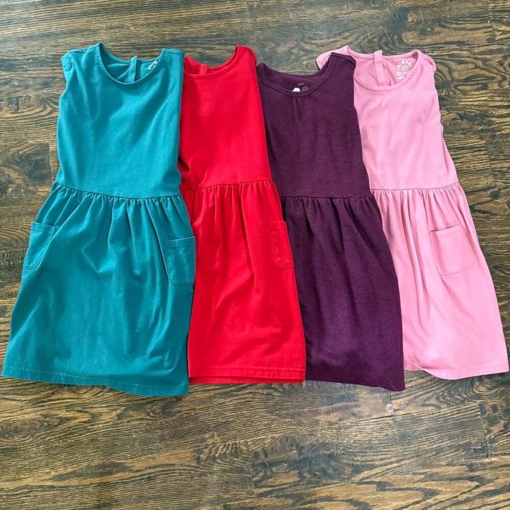 Lot of 4 Primary Long Sleeve Dresses Kids Girls 6-7 Pockets